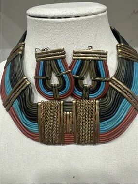 Vtg 70s Tribal Alexis Kirk Leather Copper Egyptian Choker Necklace & Earrings
